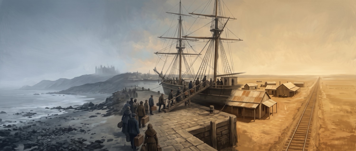 A wide painted panorama in three parts under one horizon: an English shore, a quay with a sailing ship loading, and a flat gold Australian plain with a railway.